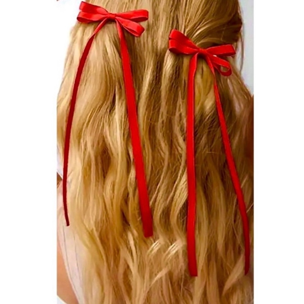 Red Ribbon Bows Hair Clips Pair of 2 Women’s Girl’s Hair Accessories NEW - Picture 5 of 5